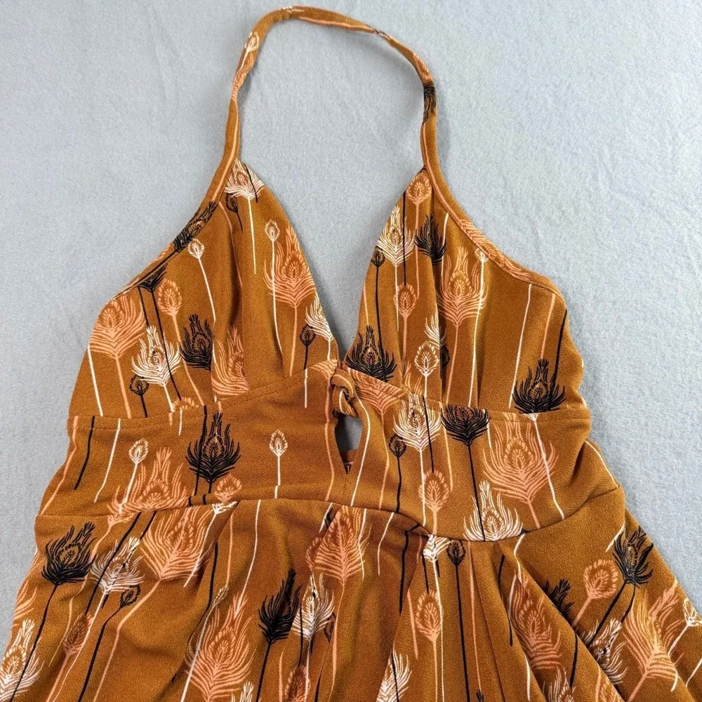 Free People Hippie Halter Mini Dress XS Peacock Feather Boho Earthy Festival